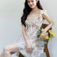 Pink And Purple Floral Print Chiffon Cami Dress Women With Lace Ruffle Trim R9423