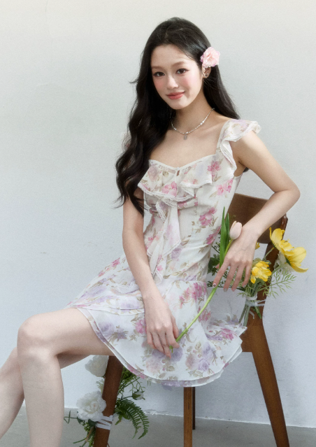 Pink And Purple Floral Print Chiffon Cami Dress Women With Lace Ruffle Trim R9423