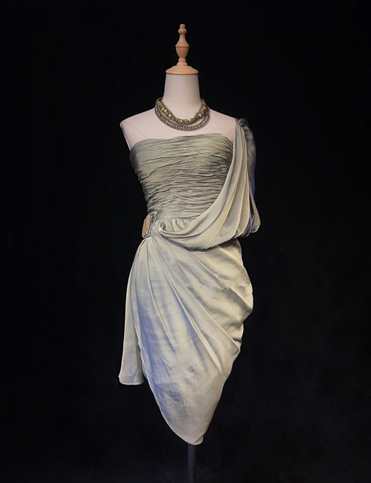 Light gray tube top pleated waist satin hip-length asymmetrical skirt homecoming dress R4995