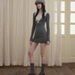 Grey Lace Trim Long Sleeve Mini Dress With V-Neck And Bodycon Fit R9289