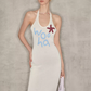 Fairycore White Knitted Halter Dress With "Woo Ha" Embroidery And Bodycon Fit R9280