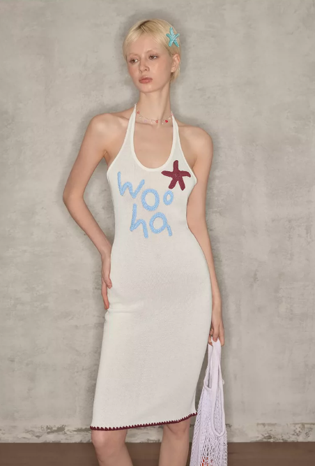 Fairycore White Knitted Halter Dress With "Woo Ha" Embroidery And Bodycon Fit R9280