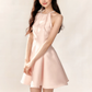 Light Pink Halter Neck Flare Mini Dress with Bow and Beaded Neckline R9227