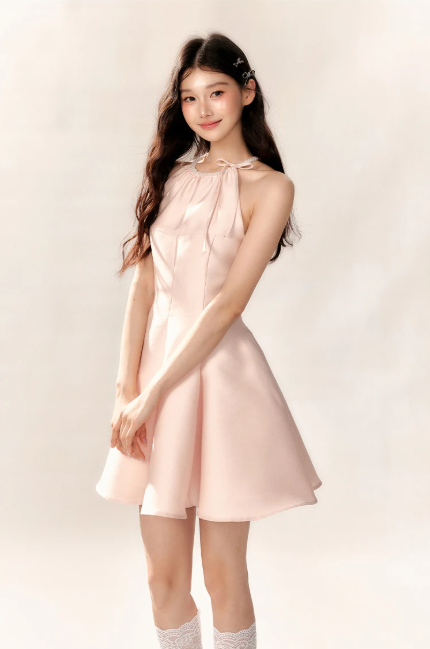 Light Pink Halter Neck Flare Mini Dress with Bow and Beaded Neckline R9227