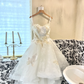 White suspenders, slim waist, embroidery, exquisite swing skirt, mid-length skirt, homecoming dress R4344