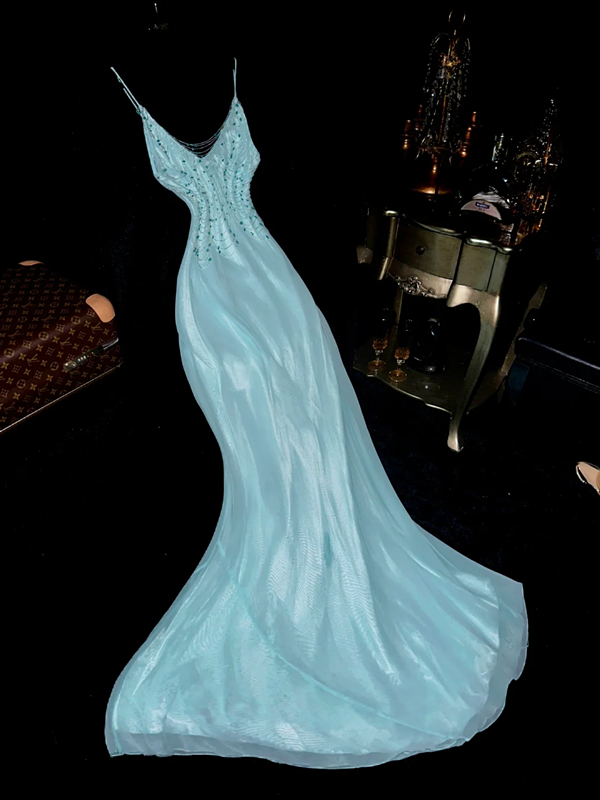 Light blue strapless satin long ball gown R6925