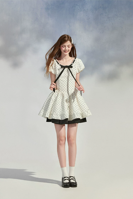 White Polka Dot Mini Dress Women With Black Bow Detail And Puff Sleeves R9396