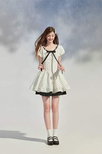 White Polka Dot Mini Dress Women With Black Bow Detail And Puff Sleeves R9396