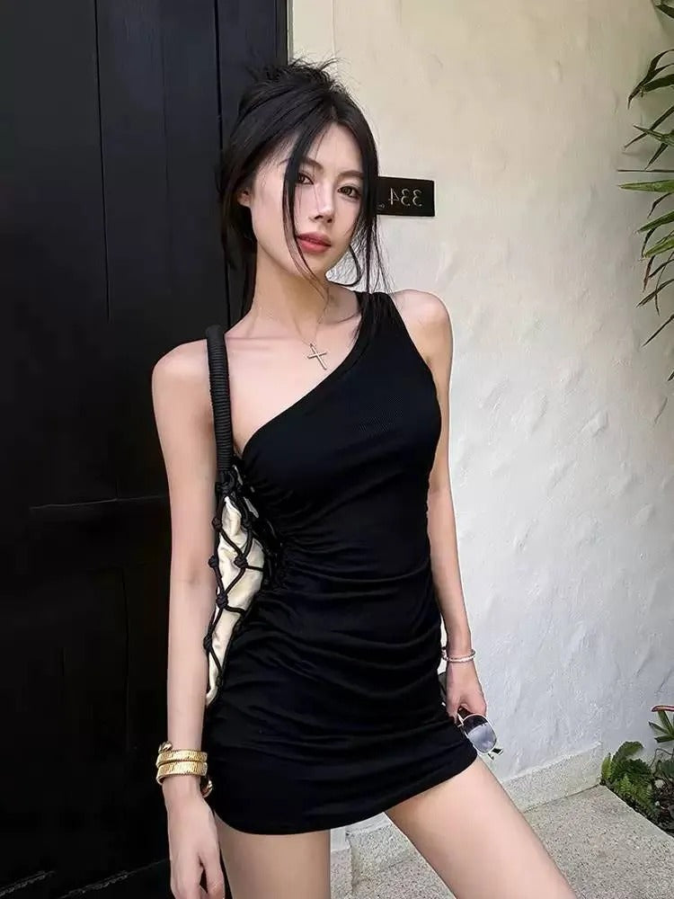 Sleeveless One Shoulder Black Bodycon Dress with Side Ruched Detail R9134