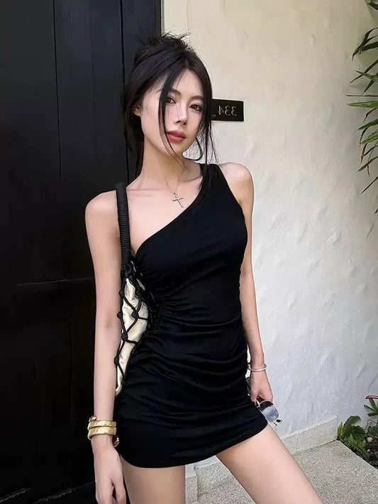 Sleeveless One Shoulder Black Bodycon Dress with Side Ruched Detail R9134