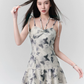 Ink Wash Butterfly Print Cami Dress Women With Halter Neck And Bow Straps R9441