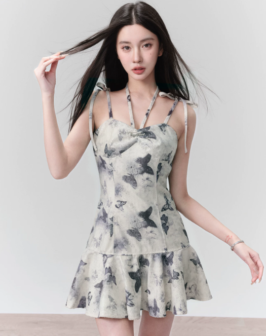 Ink Wash Butterfly Print Cami Dress Women With Halter Neck And Bow Straps R9441