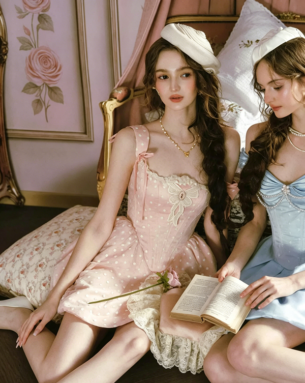Sweet Pink Corset Mini Dress with Lace Trim & Puff Skirt R9204