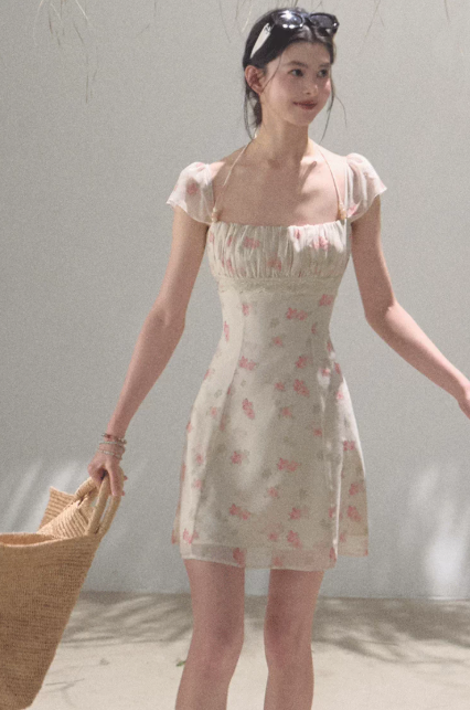 Sweet Style White Pink Floral Halter Dress Slim Fit Casual Party Dress R9358