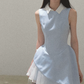Light Blue Sleeveless Collared Mini Dress Women Tulle Layered Flare Dress R9359