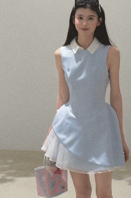Light Blue Sleeveless Collared Mini Dress Women Tulle Layered Flare Dress R9359