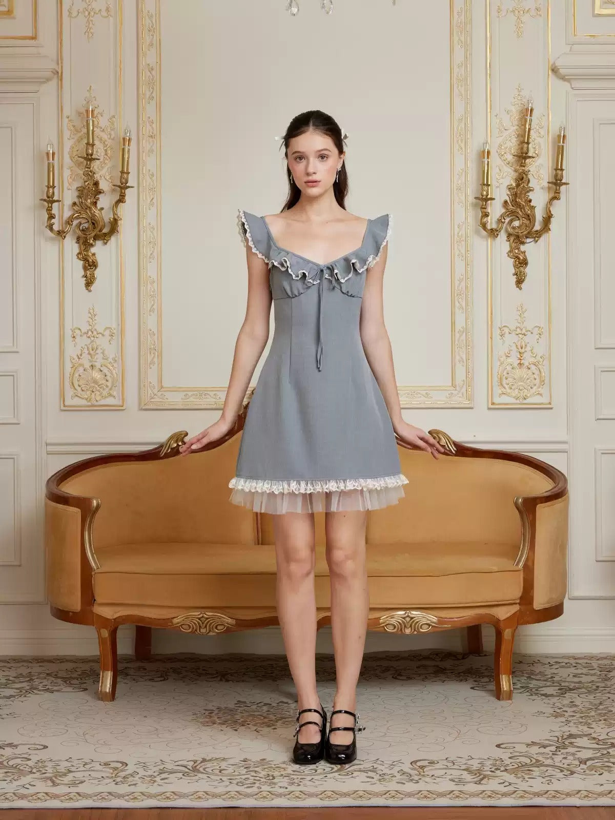 Preppy Style Ruffle Strap A-Line Mini Dress with Lace Trim R9153