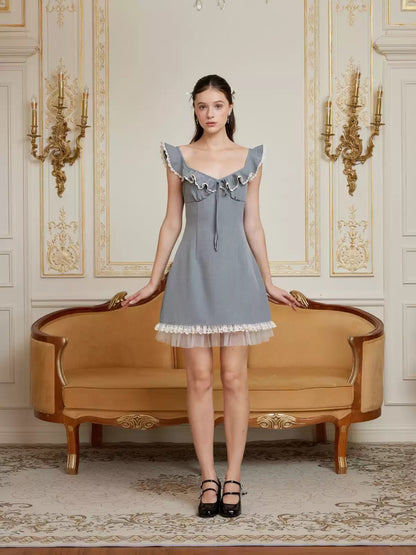Preppy Style Ruffle Strap A-Line Mini Dress with Lace Trim R9153