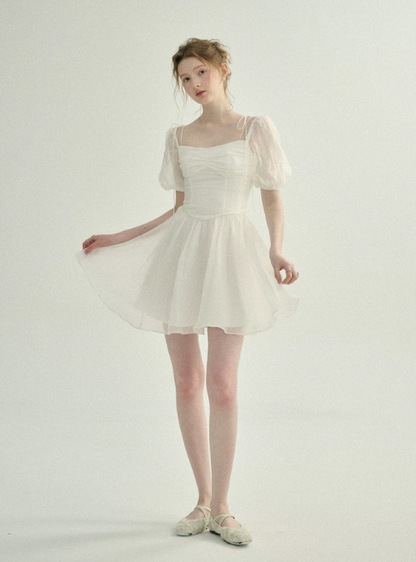 White Tulle Mini Dress Women With Puff Sleeves And Square Neck R9484