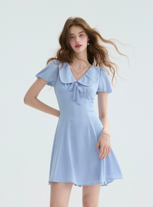 Light Blue Peter Pan Collar Mini Dress Women With Puff Sleeves And Bow Detail R9486