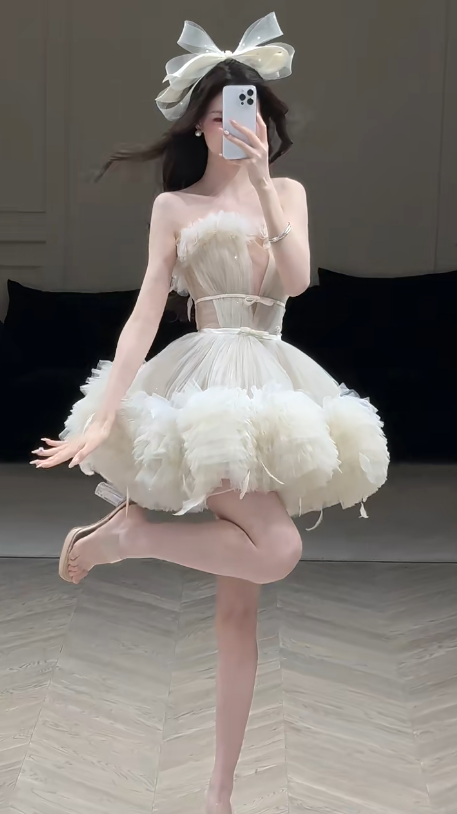 White tube top waist slim fit puffy princess skirt homecoming dress R4224