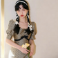 Retro Floral Print Bodycon Dress Women With Puff Sleeves And Bow Detail R9464