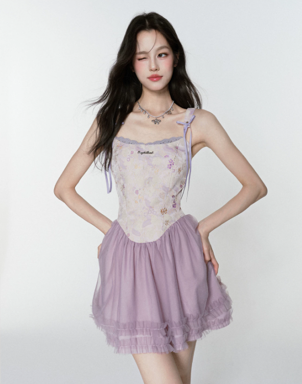 Purple Floral Jacquard Corset Cami Dress Women With Tulle Skirt And Bow Straps R9409