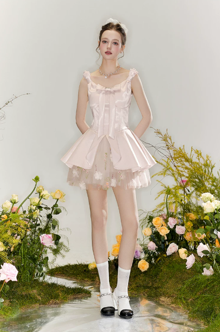 Blush Pink Satin Corset Mini Dress with Bow Detail, Ruffled Straps, Tulle Layered Skirt and Floral Embroidered Hem R9242