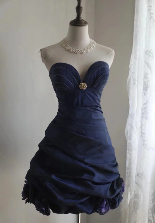 Navy blue fitted A-line short prom dress R6805