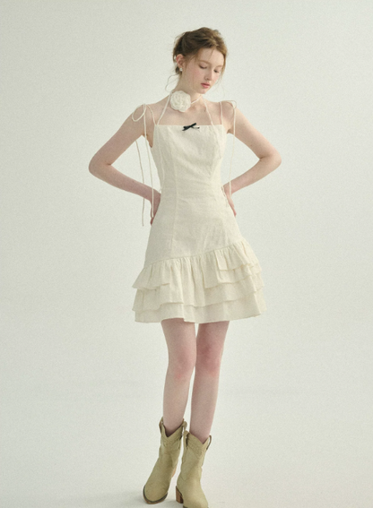 Cream White Tiered Ruffle Mini Dress Women With Tie Straps And Bow Detail R9487