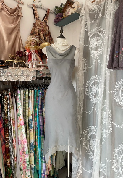 Gray sleeveless fitted midi dress, prom dress R6286