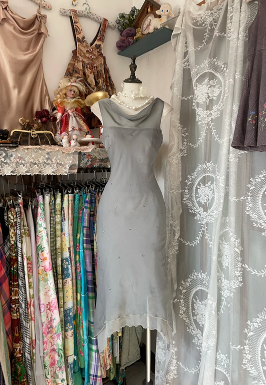 Gray sleeveless fitted midi dress, prom dress R6286