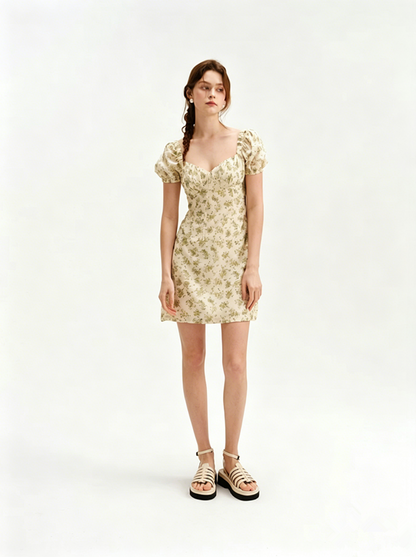 Beige Floral Print Mini Dress Women With Puff Sleeves And Square Neck R9467