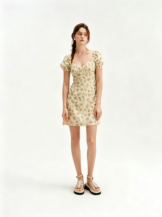 Beige Floral Print Mini Dress Women With Puff Sleeves And Square Neck R9467