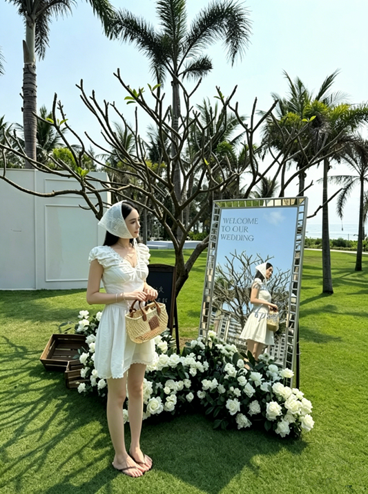 Coquette White Linen-Blend Mini Dress with Matching Headscarf R9342