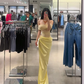 Light yellow off-the-shoulder waist-cinching sexy long prom dress R7912