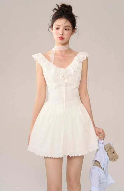 White Lace Trim Corset Style Mini Dress Women With Ruffle Straps And Flared Skirt R9395