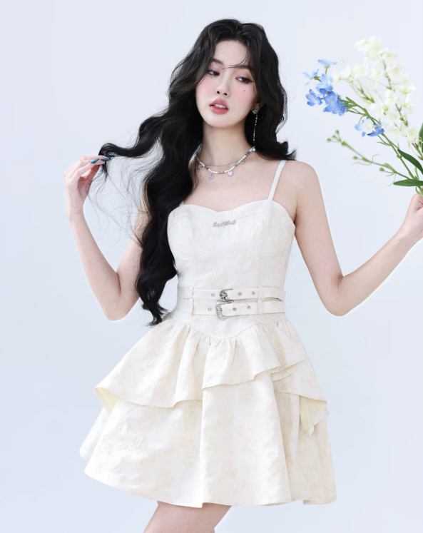 White Jacquard Floral Cami Dress Women With Corset Waist And Layered Skirt R9433