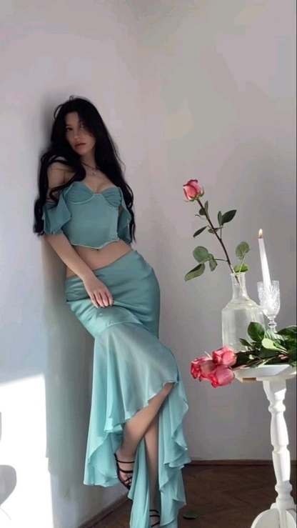 Silky Chiffon Flowy Prom Gown Mint Green Women's Maxi Birthday Dress Casual Dress RS2996