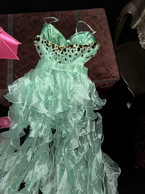 Light green halter-neck fitted ball gown with an asymmetrical hem R7045