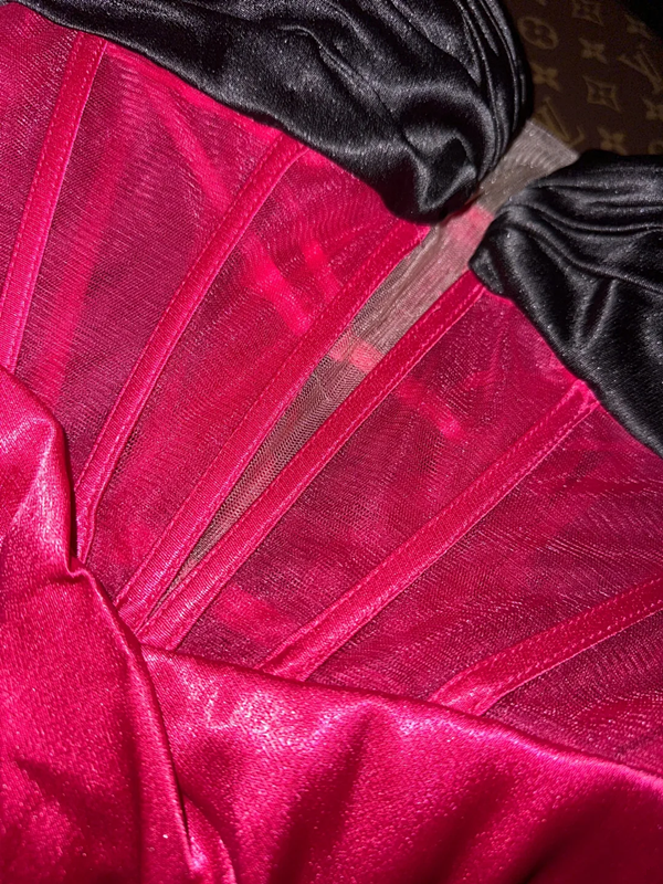 Pink strapless fitted satin elegant long ball gown R6406