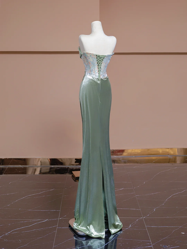 Olive green strapless waist-cinching sexy long ball gown R8334