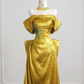 Gold off-shoulder fitted waist long elegant and sexy ball gown R8226