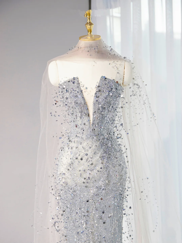 Gray strapless fitted long ball gown R9002