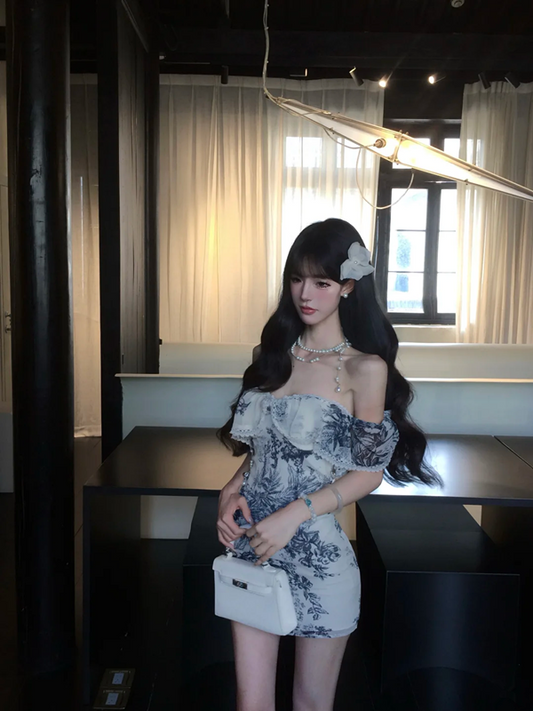 Navy blue printed one-shoulder waist slim hip skirt homecoming dress R5075