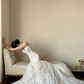White strapless, waist‑cinching, slim‑fit lace long ball gown, wedding dress R7991