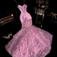 Pink halter-neck fitted bodycon mermaid tiered skirt ball gown R6965