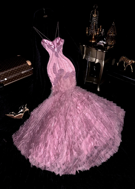 Pink halter-neck fitted bodycon mermaid tiered skirt ball gown R6965