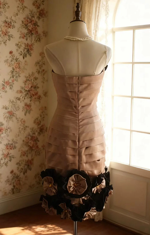 Champagne pink strapless fitted waist slim-fitting three-dimensional floral sexy short ball gown R6726