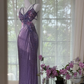 Purple halter-neck, fitted waist, backless, sexy bodycon long ball gown R7601